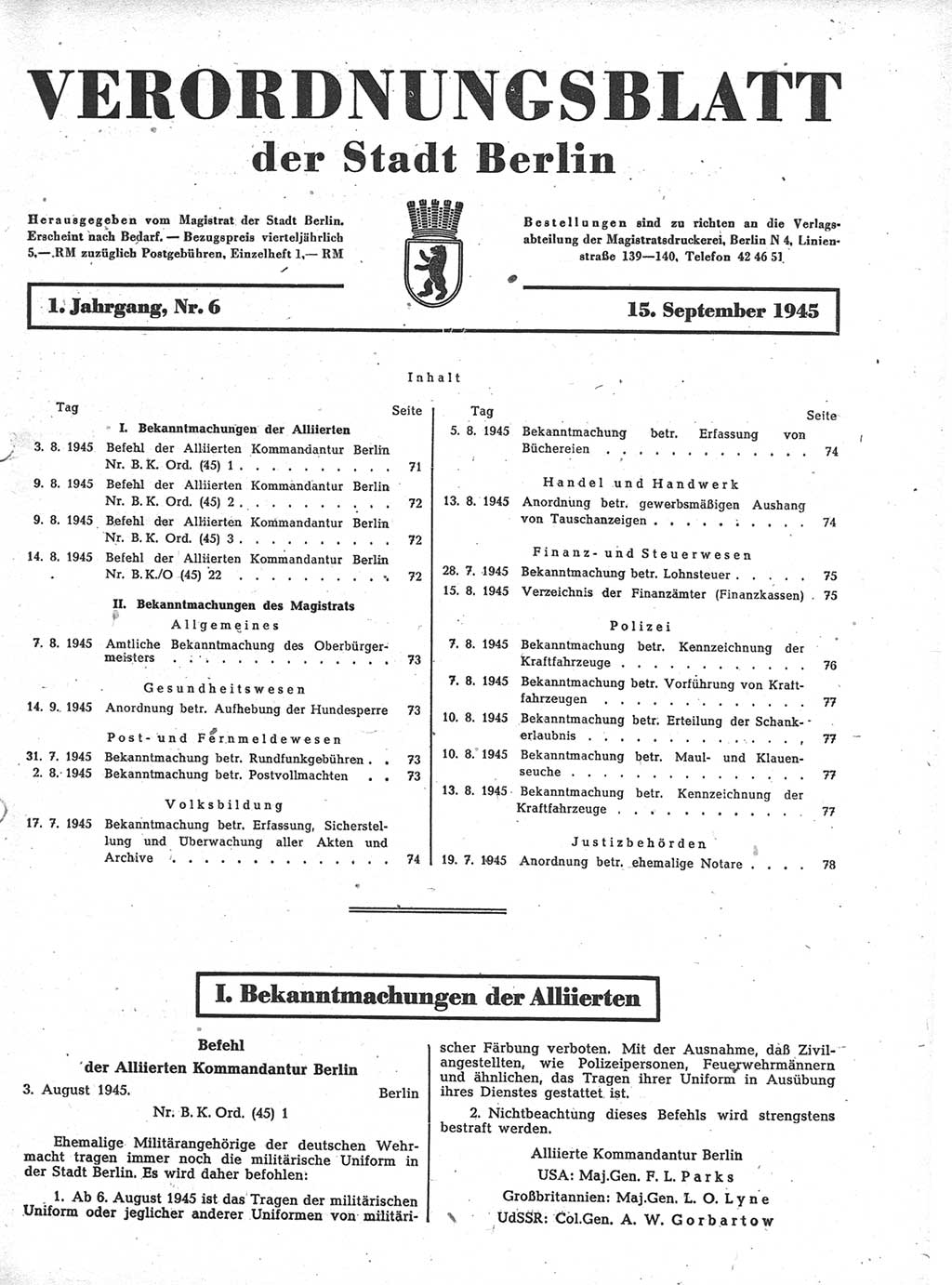 Verordnungsblatt (VOBl.) der Stadt Berlin 1945, Seite 71 (VOBl. Bln. 1945, S. 71)