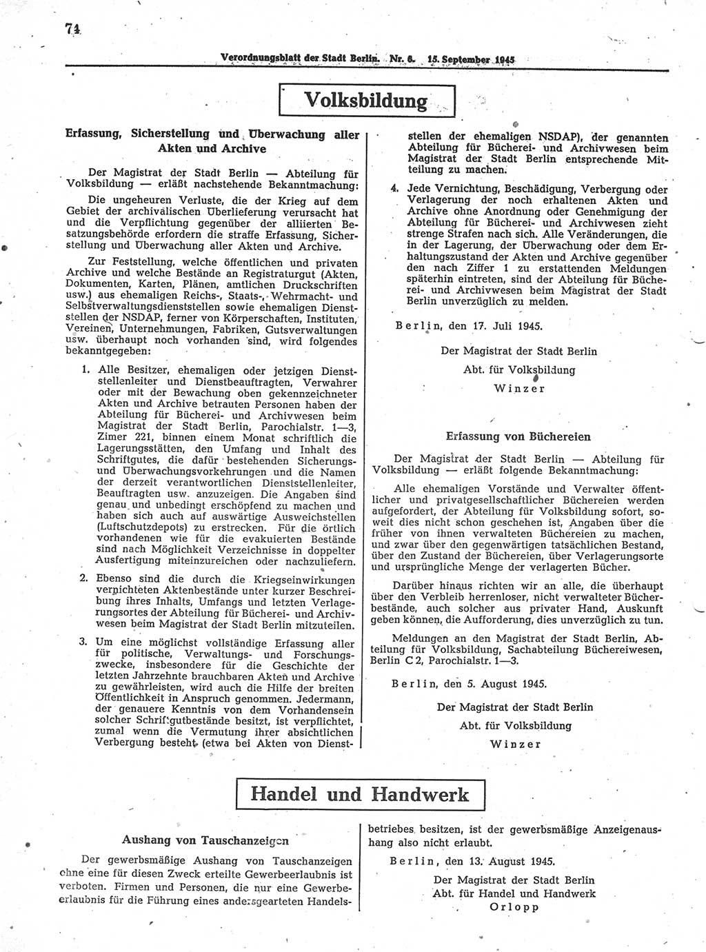 Verordnungsblatt (VOBl.) der Stadt Berlin 1945, Seite 74 (VOBl. Bln. 1945, S. 74)