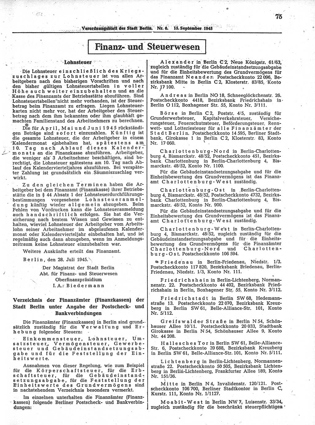 Verordnungsblatt (VOBl.) der Stadt Berlin 1945, Seite 75 (VOBl. Bln. 1945, S. 75)