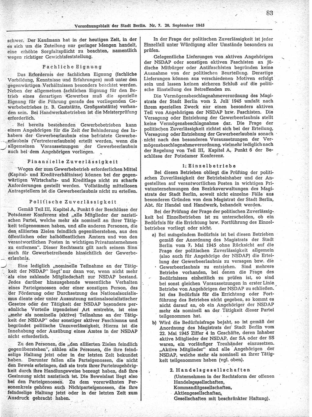 Verordnungsblatt (VOBl.) der Stadt Berlin 1945, Seite 83 (VOBl. Bln. 1945, S. 83)