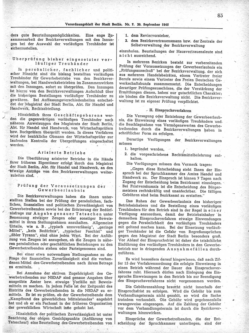 Verordnungsblatt (VOBl.) der Stadt Berlin 1945, Seite 85 (VOBl. Bln. 1945, S. 85)