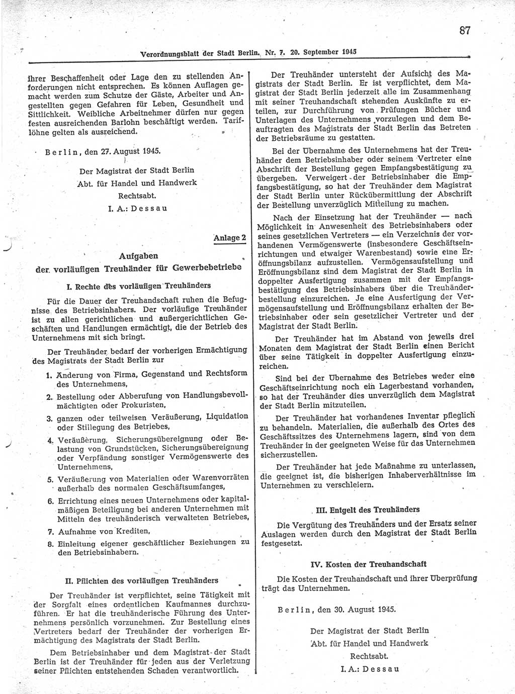 Verordnungsblatt (VOBl.) der Stadt Berlin 1945, Seite 87 (VOBl. Bln. 1945, S. 87)