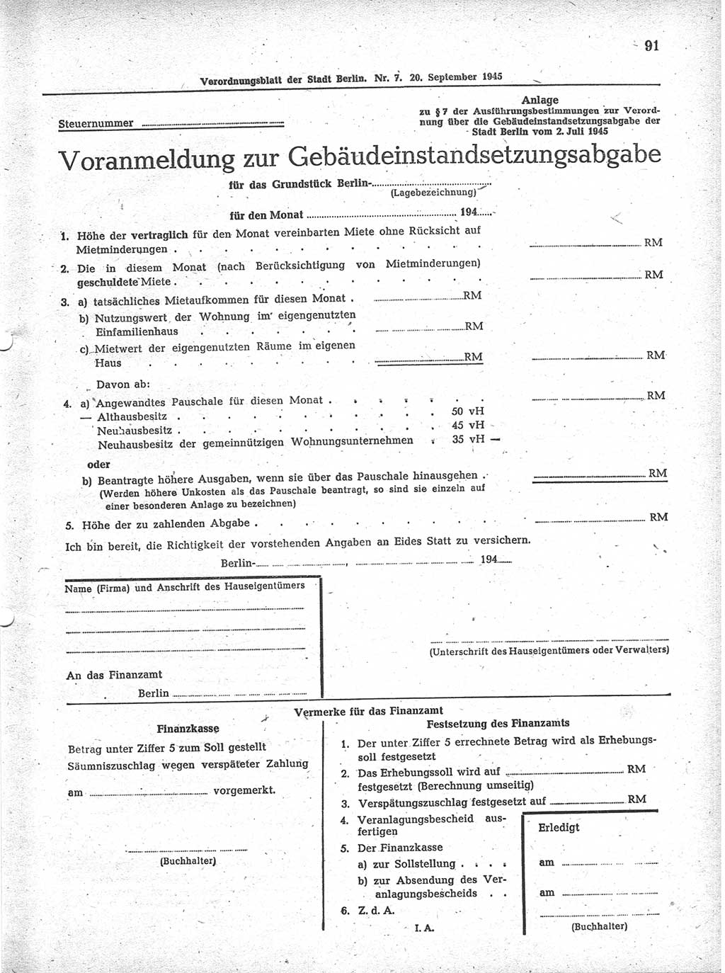 Verordnungsblatt (VOBl.) der Stadt Berlin 1945, Seite 91 (VOBl. Bln. 1945, S. 91)