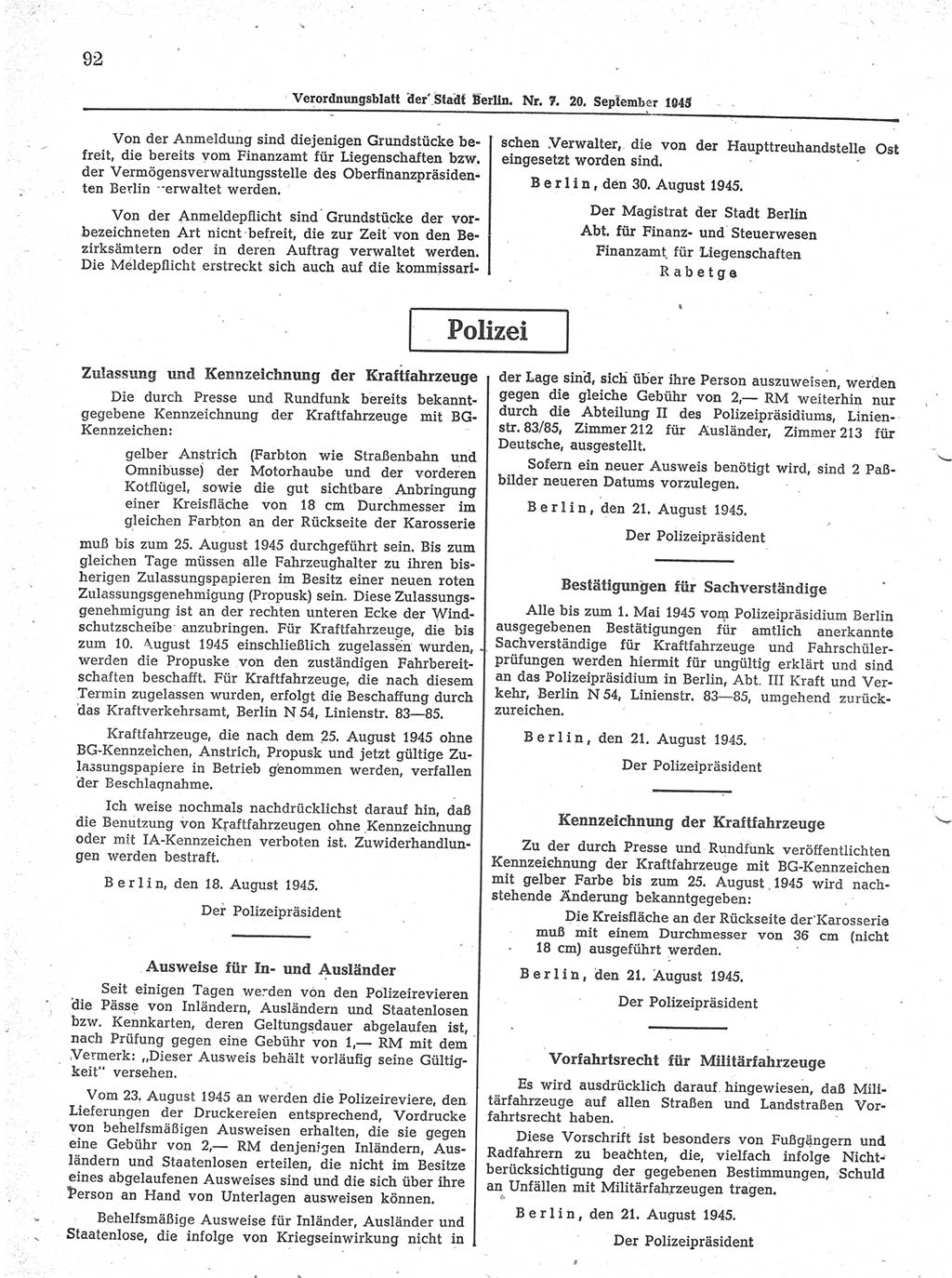 Verordnungsblatt (VOBl.) der Stadt Berlin 1945, Seite 92 (VOBl. Bln. 1945, S. 92)