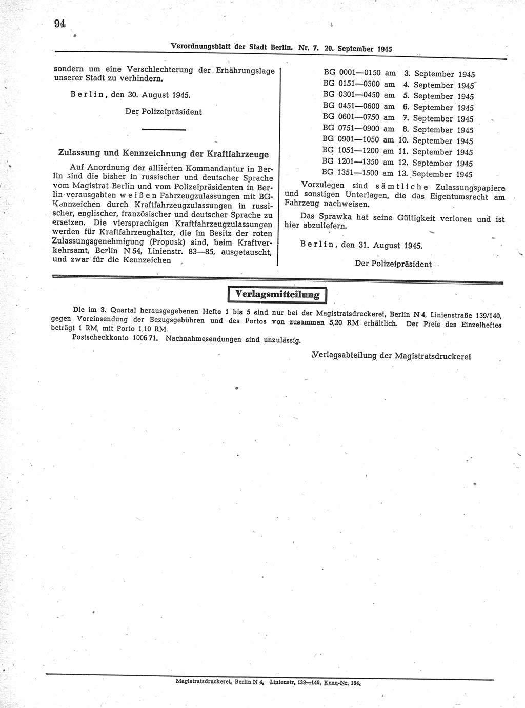 Verordnungsblatt (VOBl.) der Stadt Berlin 1945, Seite 94 (VOBl. Bln. 1945, S. 94)