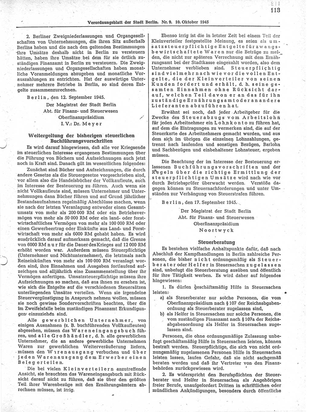 Verordnungsblatt (VOBl.) der Stadt Berlin 1945, Seite 113 (VOBl. Bln. 1945, S. 113)