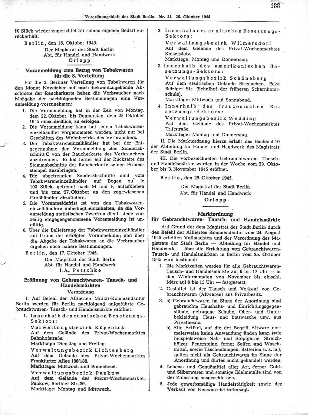 Verordnungsblatt (VOBl.) der Stadt Berlin 1945, Seite 133 (VOBl. Bln. 1945, S. 133)
