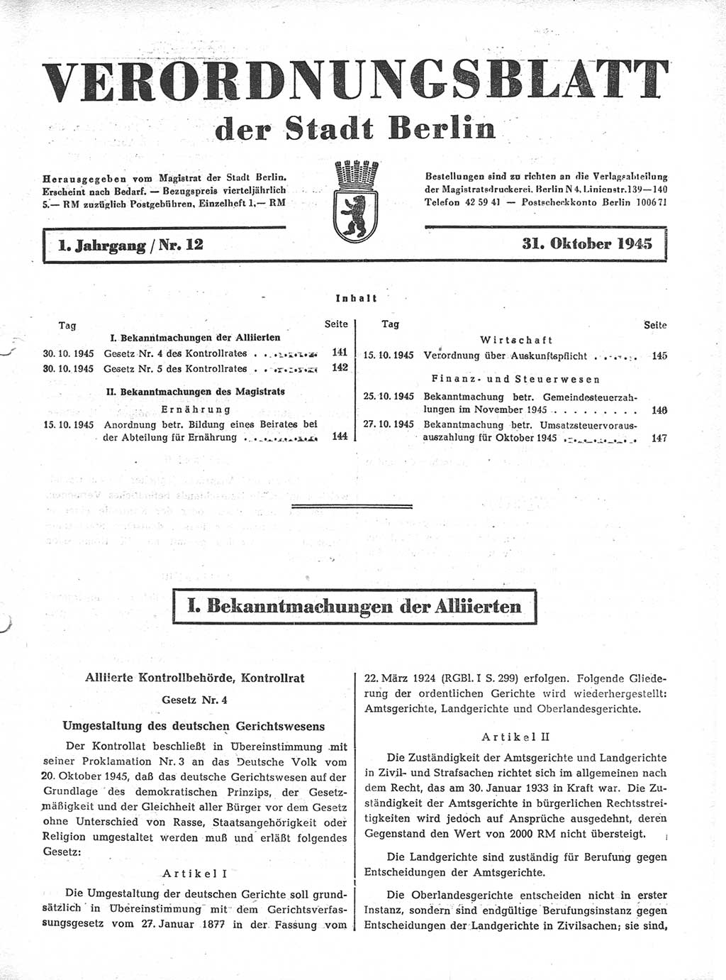 Verordnungsblatt (VOBl.) der Stadt Berlin 1945, Seite 141 (VOBl. Bln. 1945, S. 141)