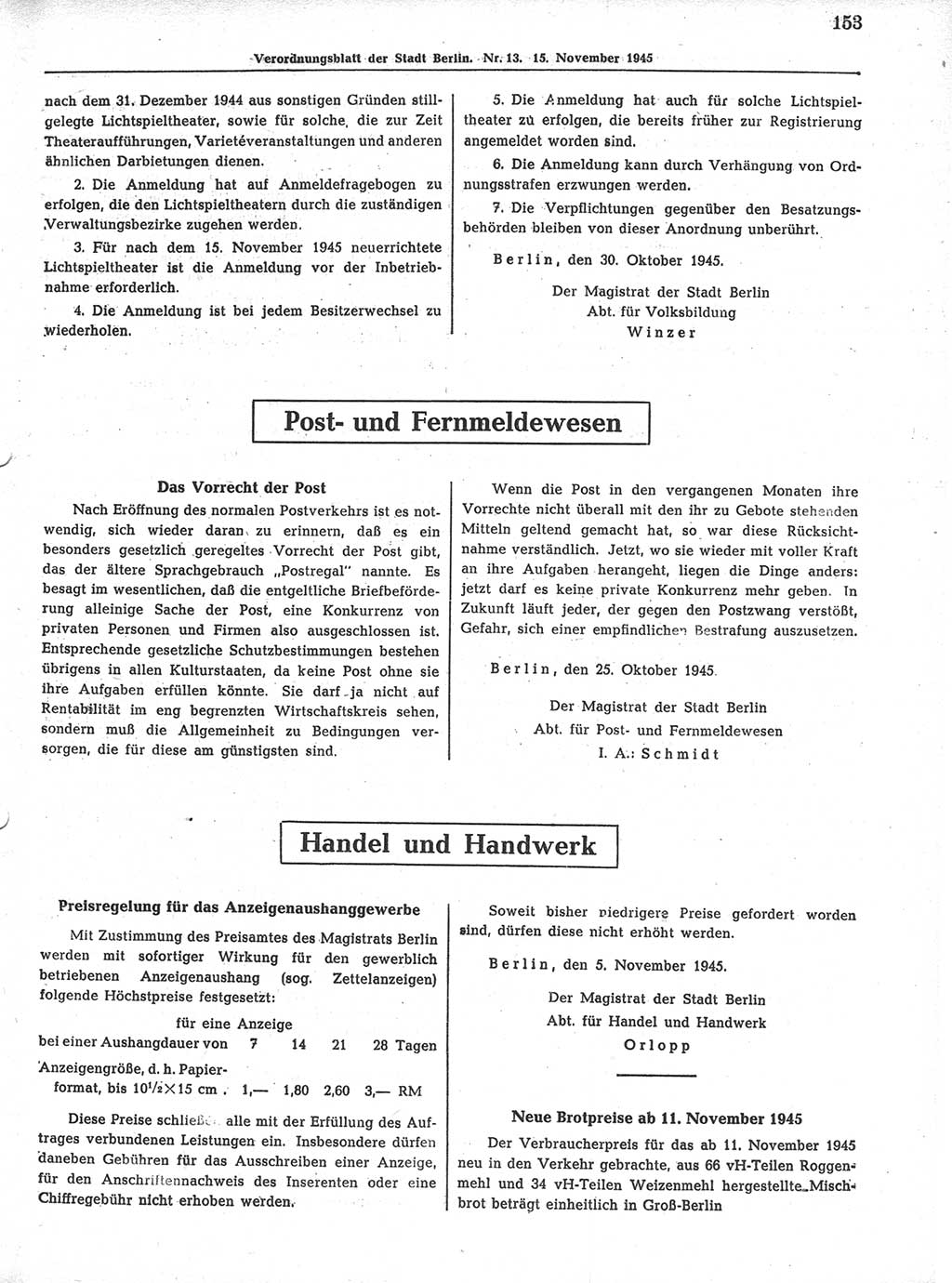 Verordnungsblatt (VOBl.) der Stadt Berlin 1945, Seite 153 (VOBl. Bln. 1945, S. 153)