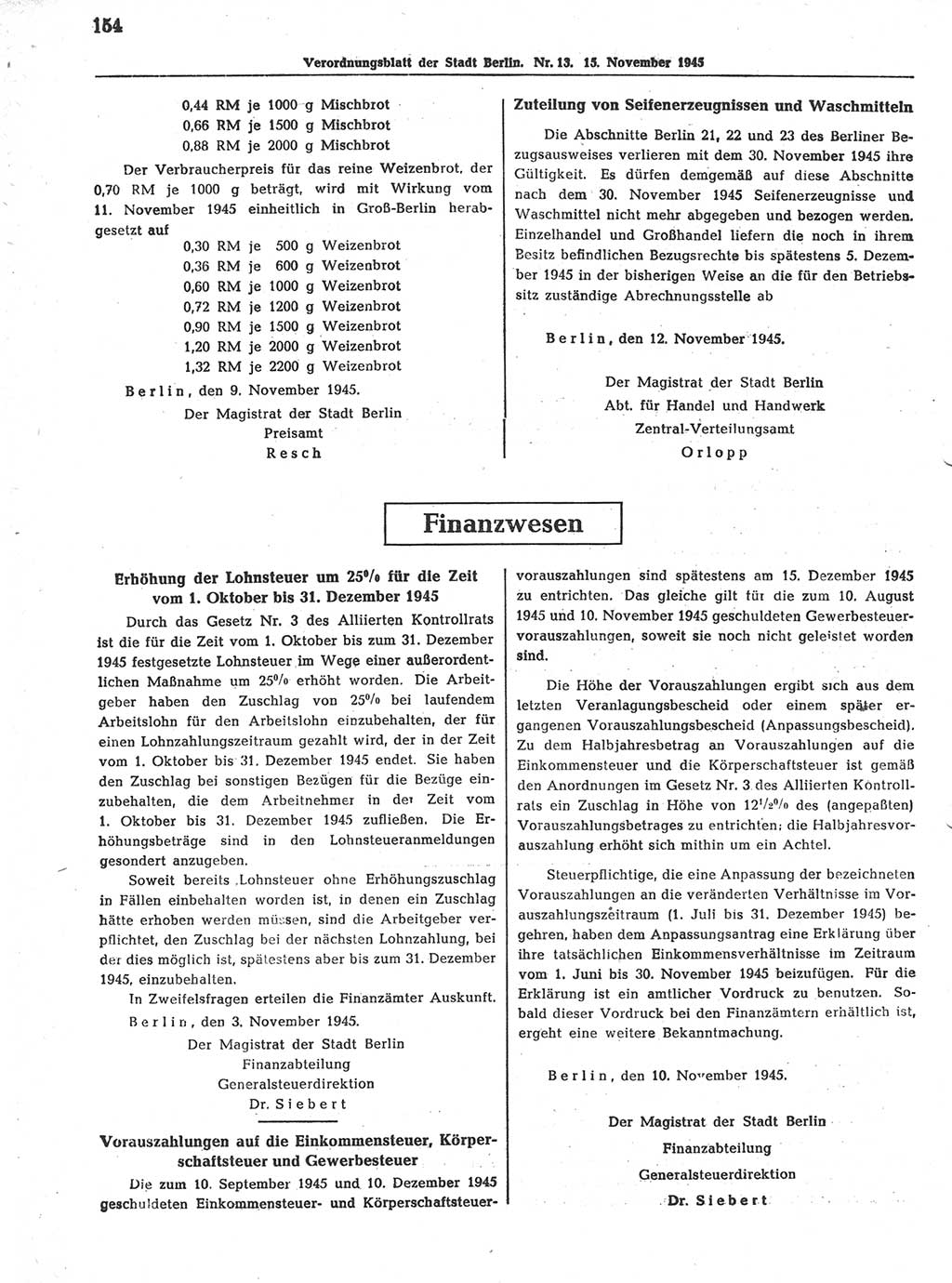Verordnungsblatt (VOBl.) der Stadt Berlin 1945, Seite 154 (VOBl. Bln. 1945, S. 154)