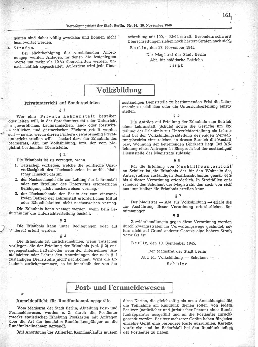 Verordnungsblatt (VOBl.) der Stadt Berlin 1945, Seite 161 (VOBl. Bln. 1945, S. 161)