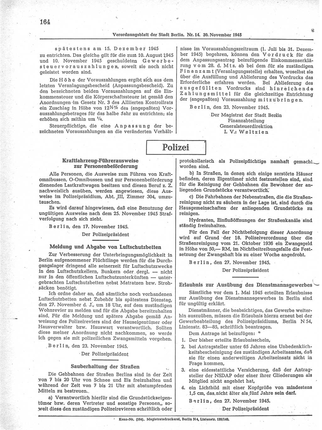 Verordnungsblatt (VOBl.) der Stadt Berlin 1945, Seite 164 (VOBl. Bln. 1945, S. 164)