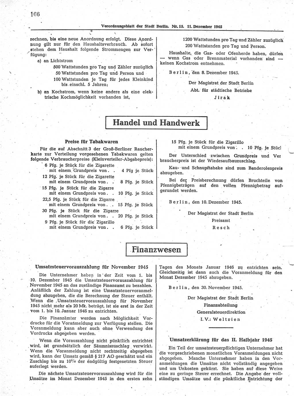 Verordnungsblatt (VOBl.) der Stadt Berlin 1945, Seite 166 (VOBl. Bln. 1945, S. 166)