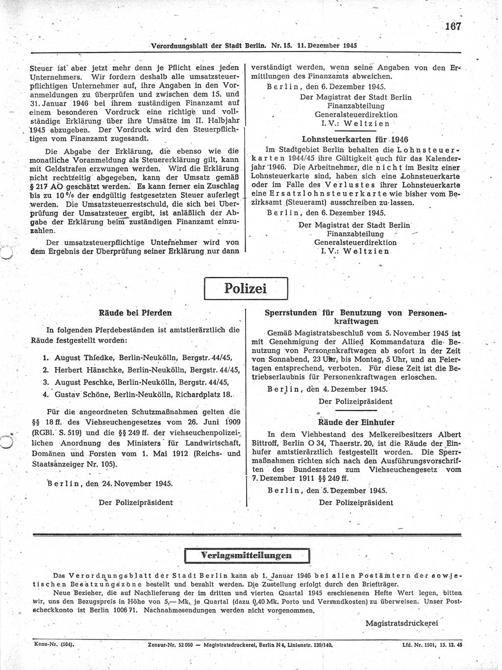 Verordnungsblatt (VOBl.) der Stadt Berlin 1945, Seite 167 (VOBl. Bln. 1945, S. 167)