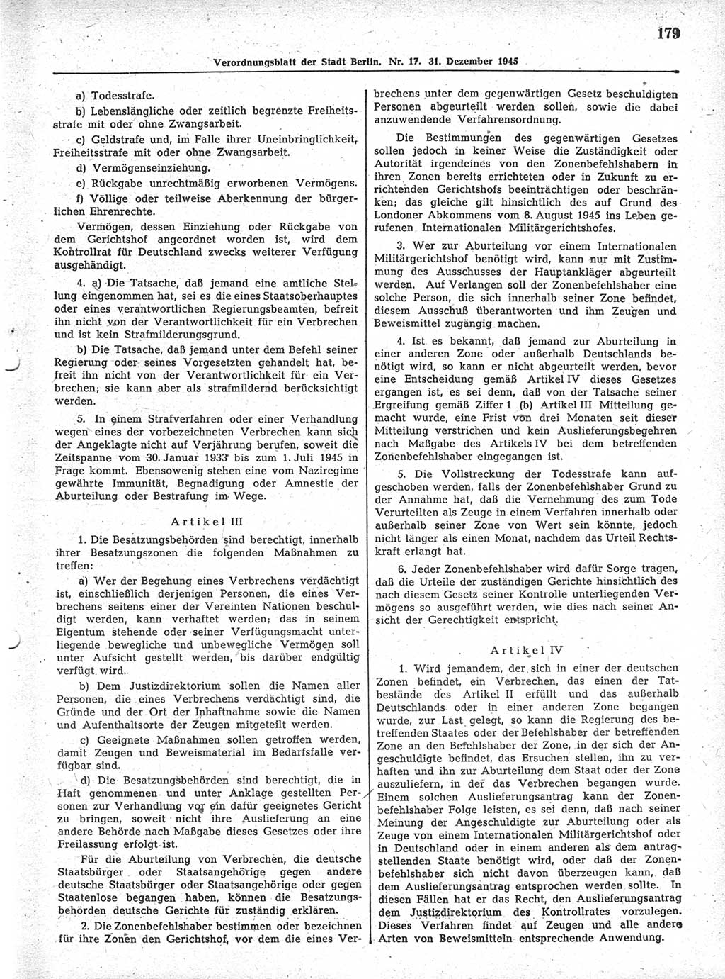 Verordnungsblatt (VOBl.) der Stadt Berlin 1945, Seite 179 (VOBl. Bln. 1945, S. 179)