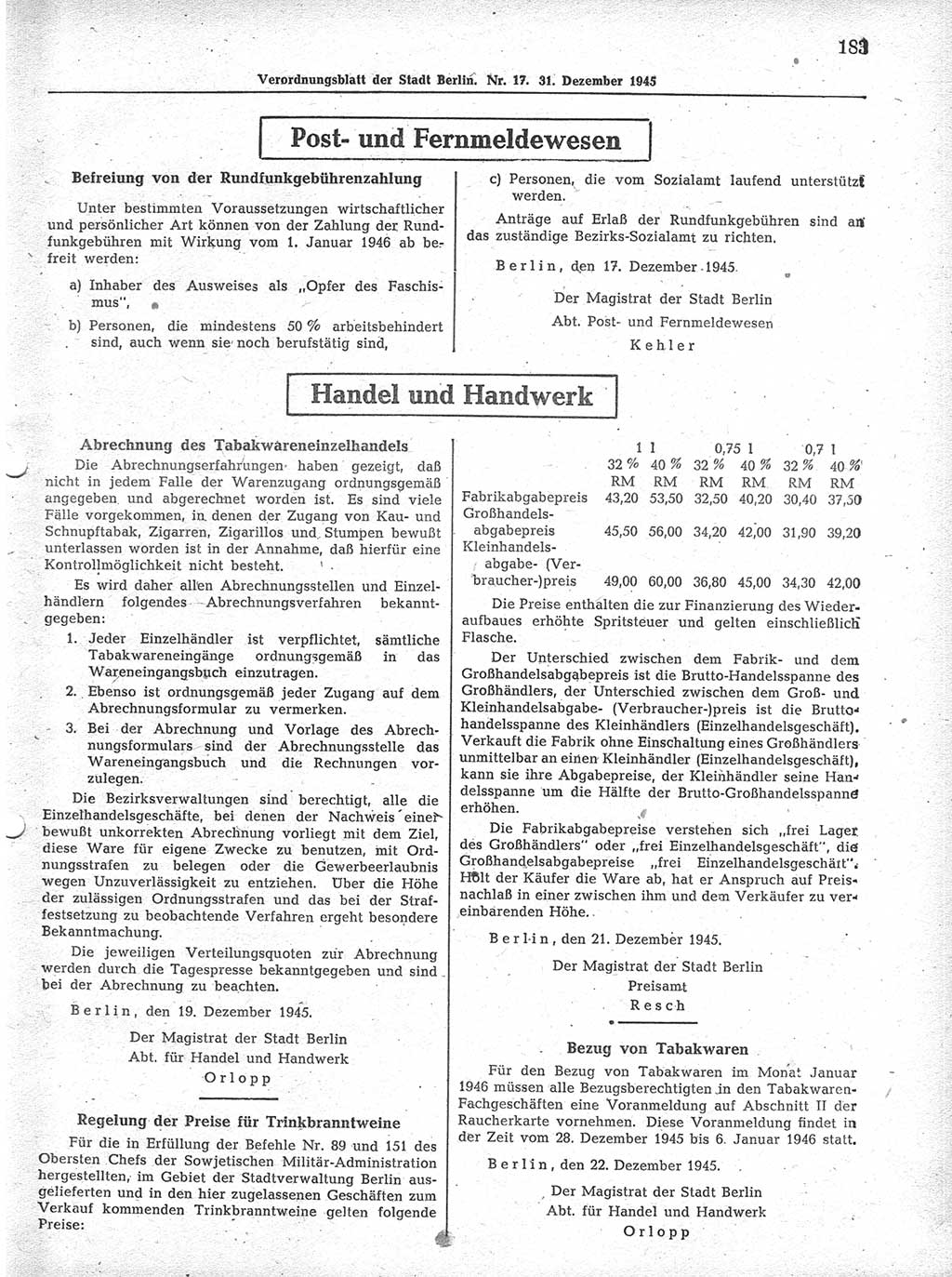 Verordnungsblatt (VOBl.) der Stadt Berlin 1945, Seite 183 (VOBl. Bln. 1945, S. 183)