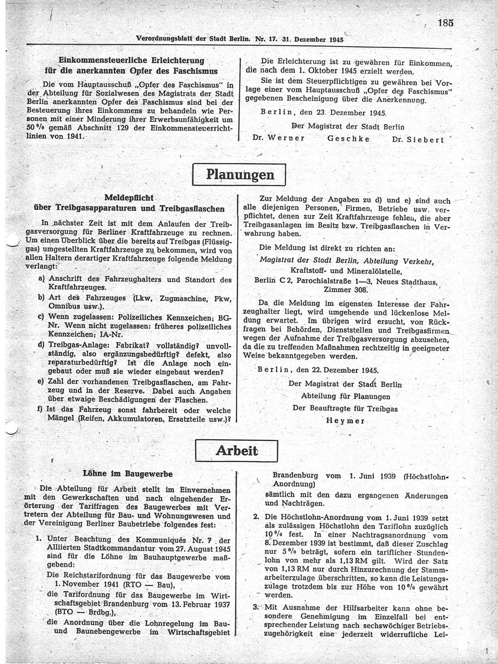 Verordnungsblatt (VOBl.) der Stadt Berlin 1945, Seite 185 (VOBl. Bln. 1945, S. 185)