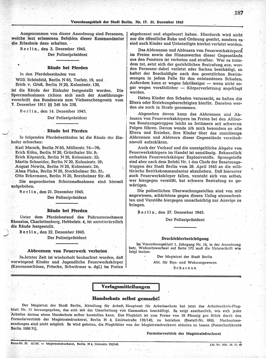 Verordnungsblatt (VOBl.) der Stadt Berlin 1945, Seite 187 (VOBl. Bln. 1945, S. 187)