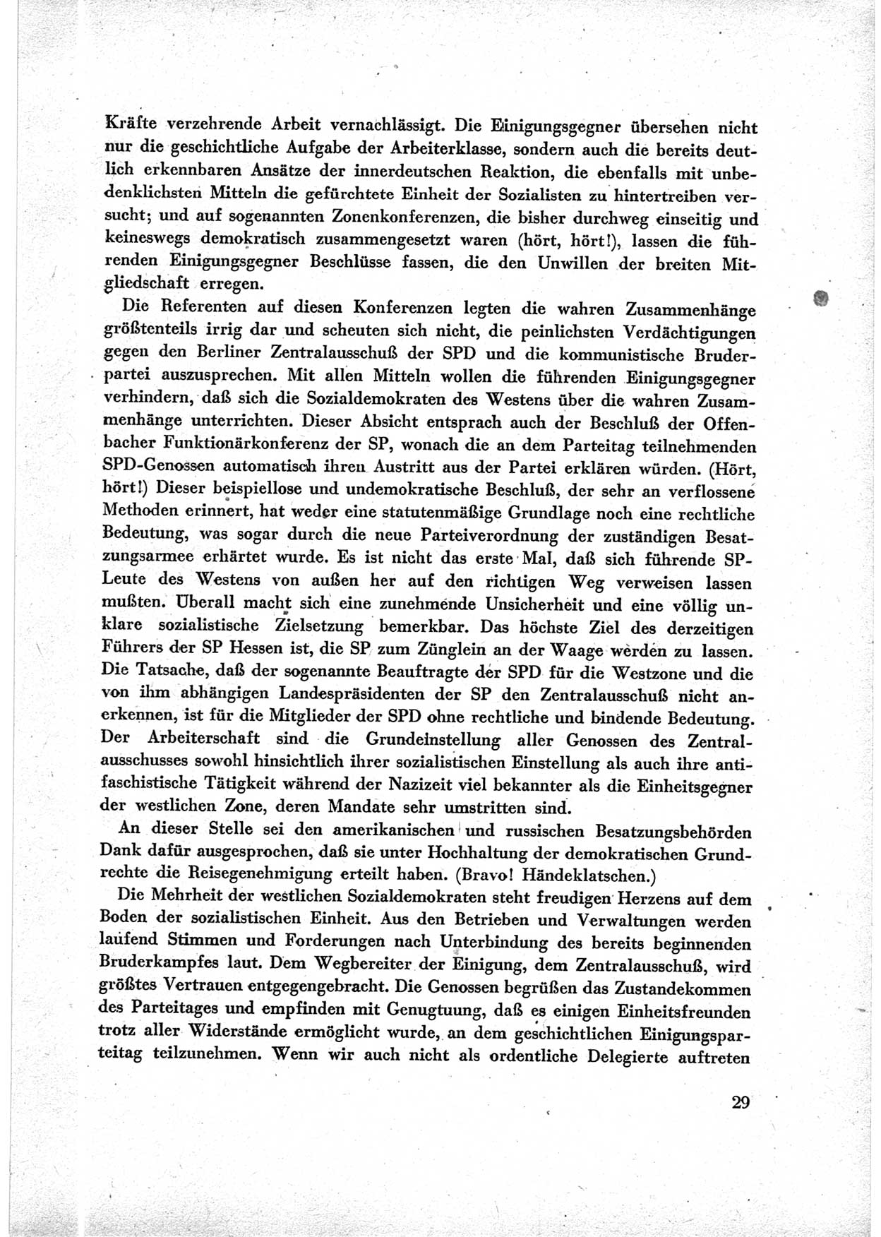 40. Parteitag der Sozialdemokratischen Partei Deutschlands (SPD) [Sowjetische Besatzungszone (SBZ) Deutschlands] am 19. und 20. April 1946 in Berlin, Seite 29 (40. PT SPD SBZ Dtl. 1946, S. 29)