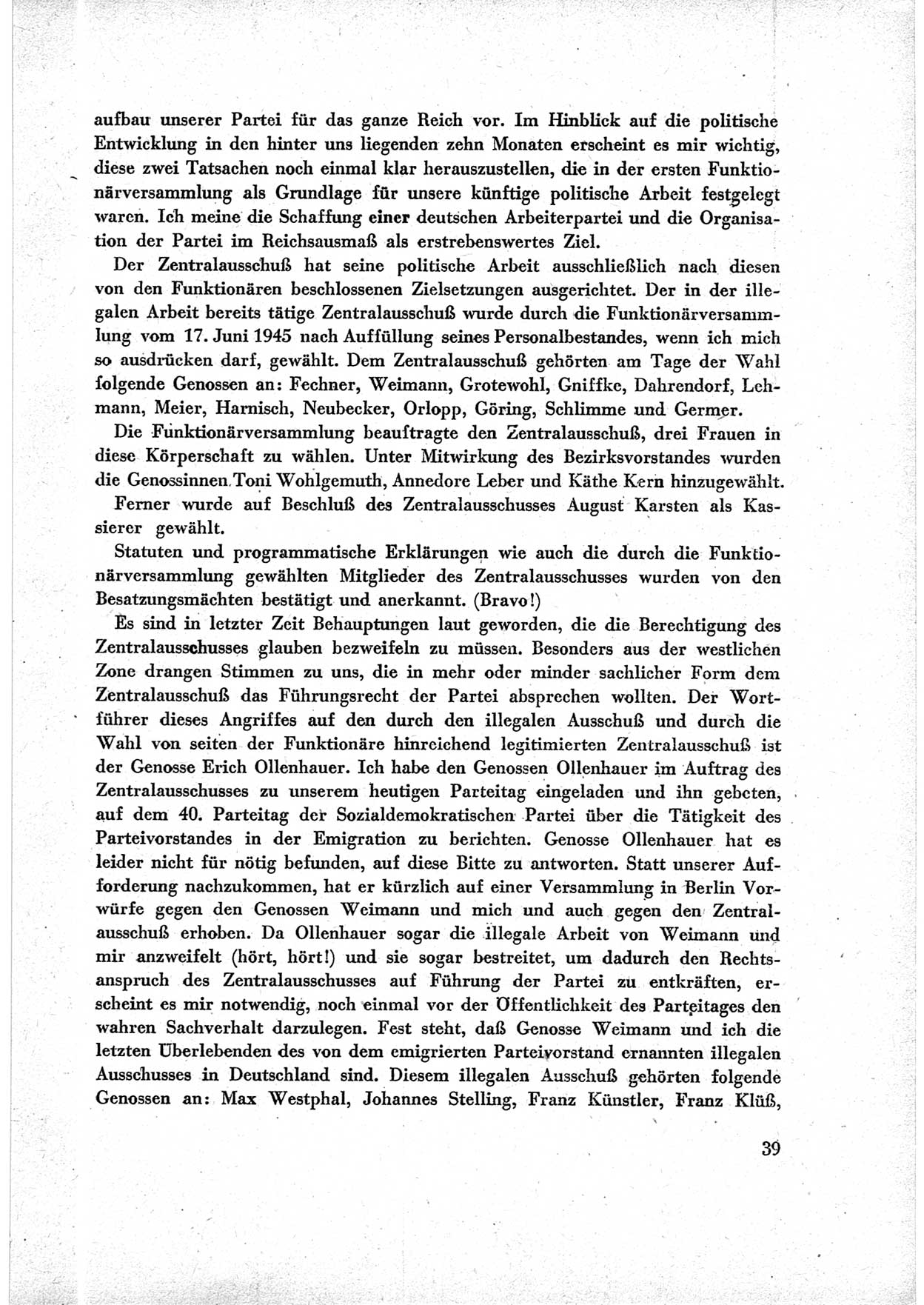 40. Parteitag der Sozialdemokratischen Partei Deutschlands (SPD) [Sowjetische Besatzungszone (SBZ) Deutschlands] am 19. und 20. April 1946 in Berlin, Seite 39 (40. PT SPD SBZ Dtl. 1946, S. 39)