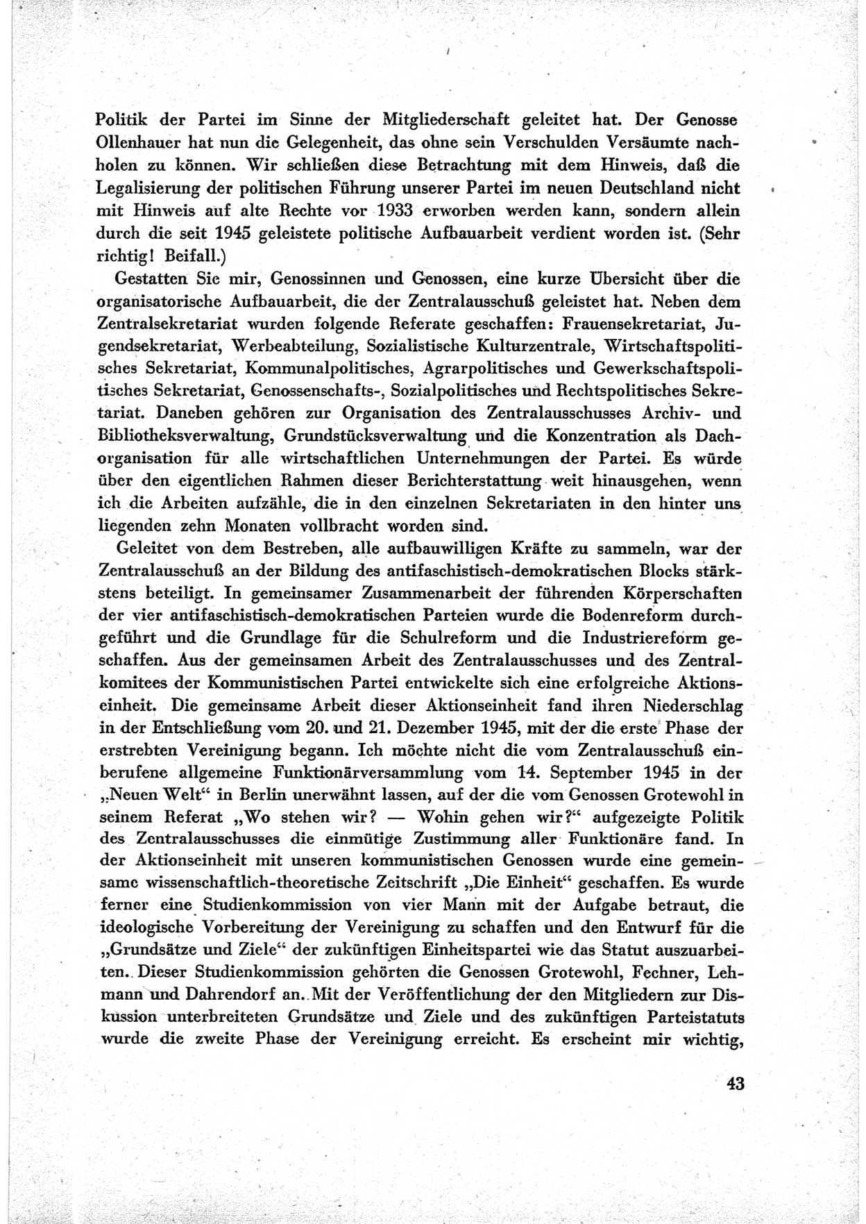 40. Parteitag der Sozialdemokratischen Partei Deutschlands (SPD) [Sowjetische Besatzungszone (SBZ) Deutschlands] am 19. und 20. April 1946 in Berlin, Seite 43 (40. PT SPD SBZ Dtl. 1946, S. 43)