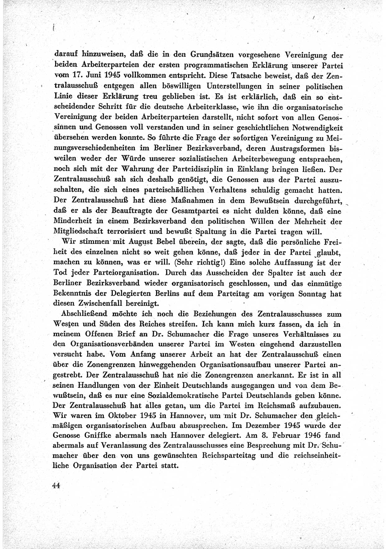 40. Parteitag der Sozialdemokratischen Partei Deutschlands (SPD) [Sowjetische Besatzungszone (SBZ) Deutschlands] am 19. und 20. April 1946 in Berlin, Seite 44 (40. PT SPD SBZ Dtl. 1946, S. 44)