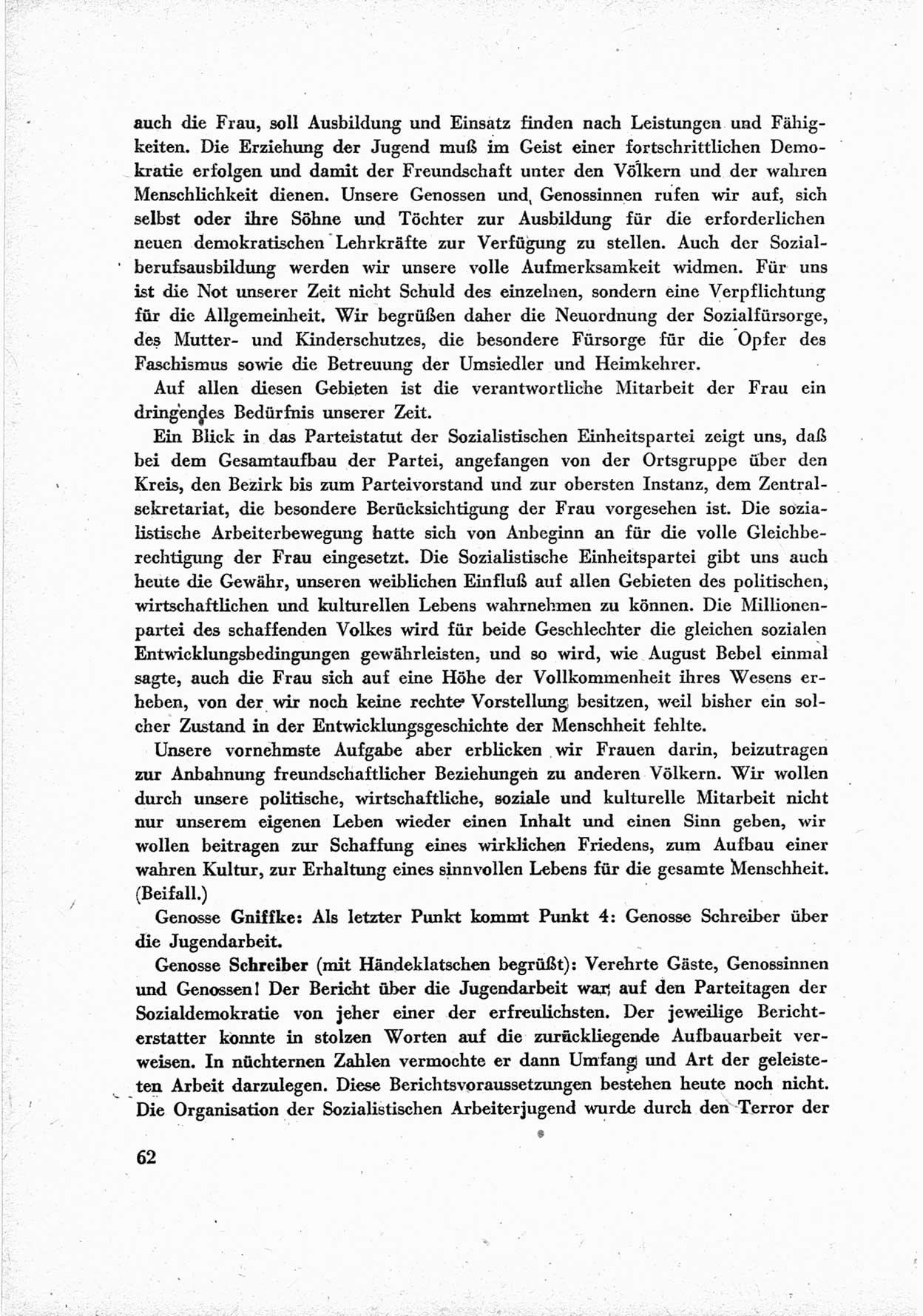 40. Parteitag der Sozialdemokratischen Partei Deutschlands (SPD) [Sowjetische Besatzungszone (SBZ) Deutschlands] am 19. und 20. April 1946 in Berlin, Seite 62 (40. PT SPD SBZ Dtl. 1946, S. 62)