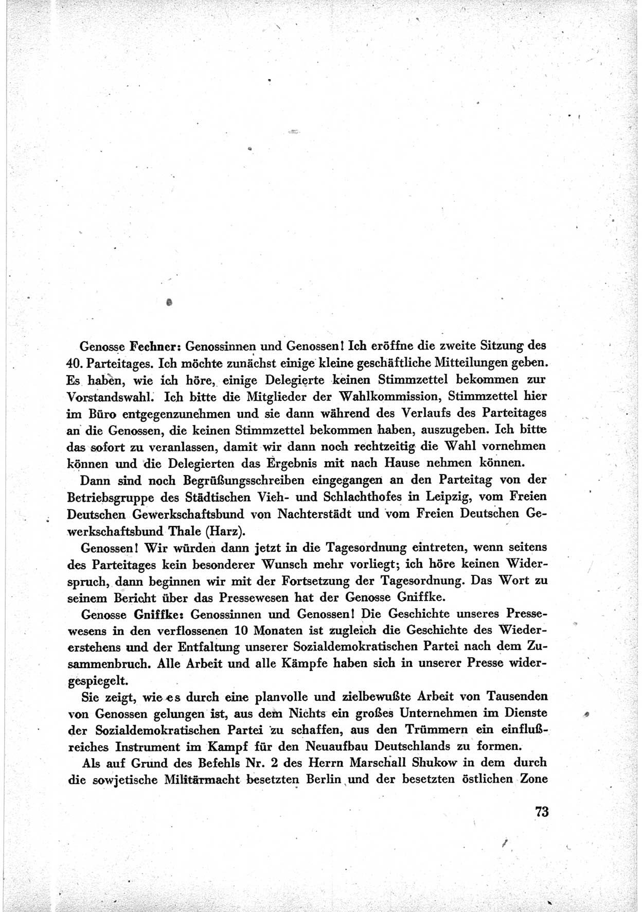 40. Parteitag der Sozialdemokratischen Partei Deutschlands (SPD) [Sowjetische Besatzungszone (SBZ) Deutschlands] am 19. und 20. April 1946 in Berlin, Seite 73 (40. PT SPD SBZ Dtl. 1946, S. 73)