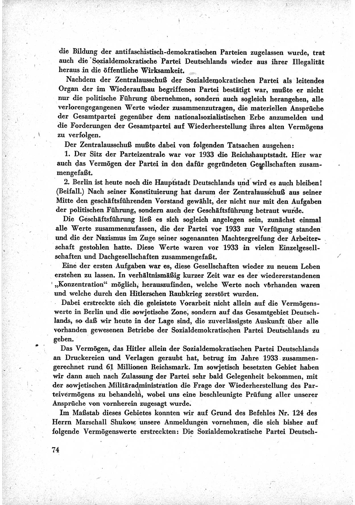 40. Parteitag der Sozialdemokratischen Partei Deutschlands (SPD) [Sowjetische Besatzungszone (SBZ) Deutschlands] am 19. und 20. April 1946 in Berlin, Seite 74 (40. PT SPD SBZ Dtl. 1946, S. 74)