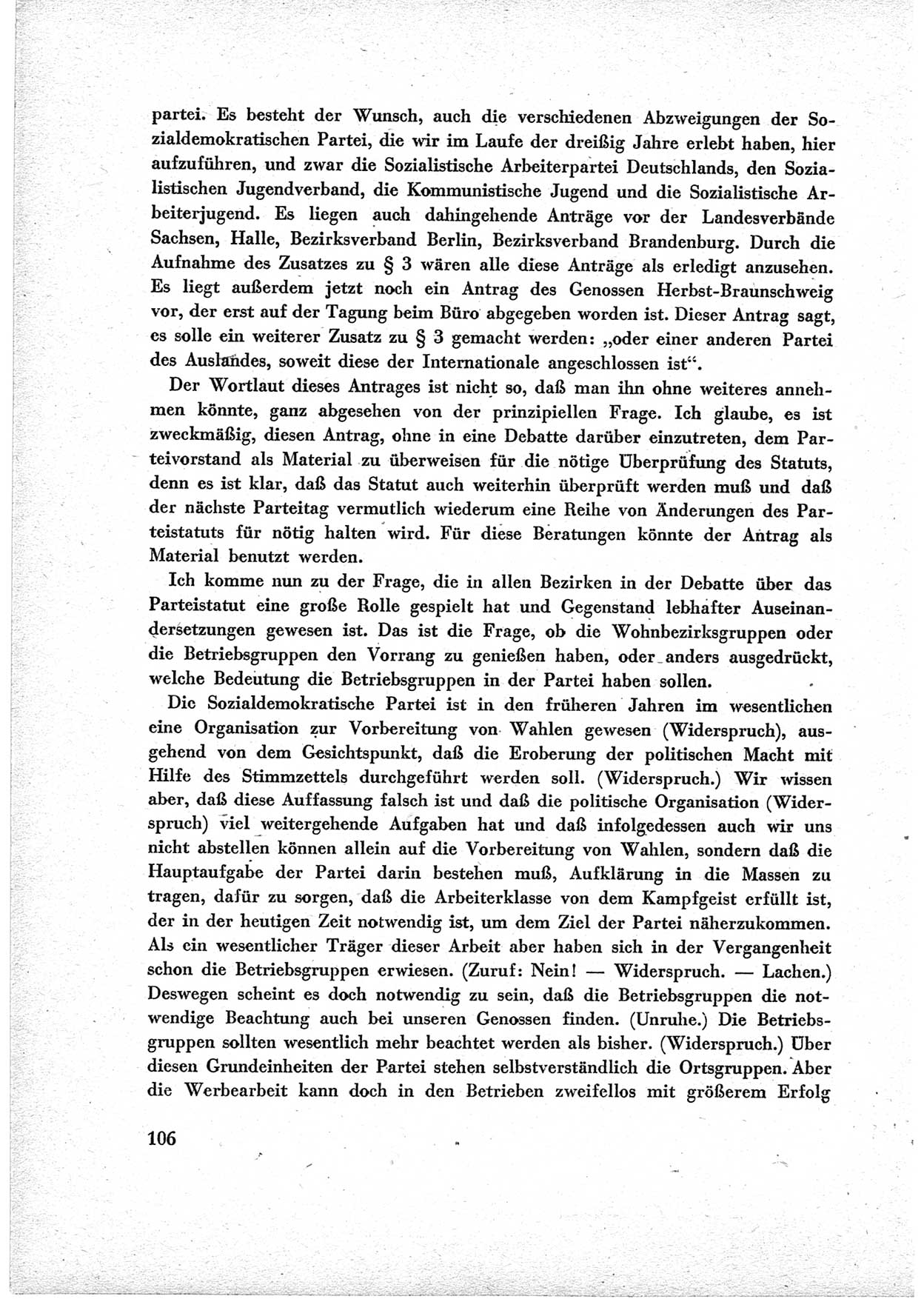 40. Parteitag der Sozialdemokratischen Partei Deutschlands (SPD) [Sowjetische Besatzungszone (SBZ) Deutschlands] am 19. und 20. April 1946 in Berlin, Seite 106 (40. PT SPD SBZ Dtl. 1946, S. 106)