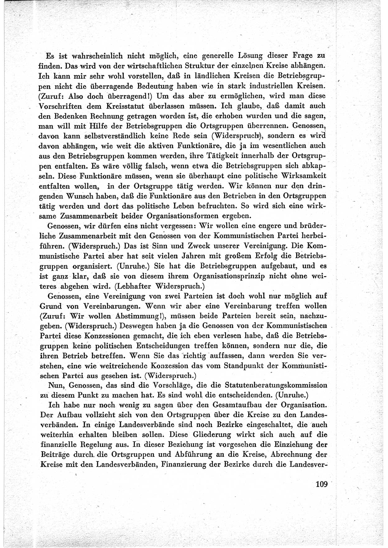 40. Parteitag der Sozialdemokratischen Partei Deutschlands (SPD) [Sowjetische Besatzungszone (SBZ) Deutschlands] am 19. und 20. April 1946 in Berlin, Seite 109 (40. PT SPD SBZ Dtl. 1946, S. 109)