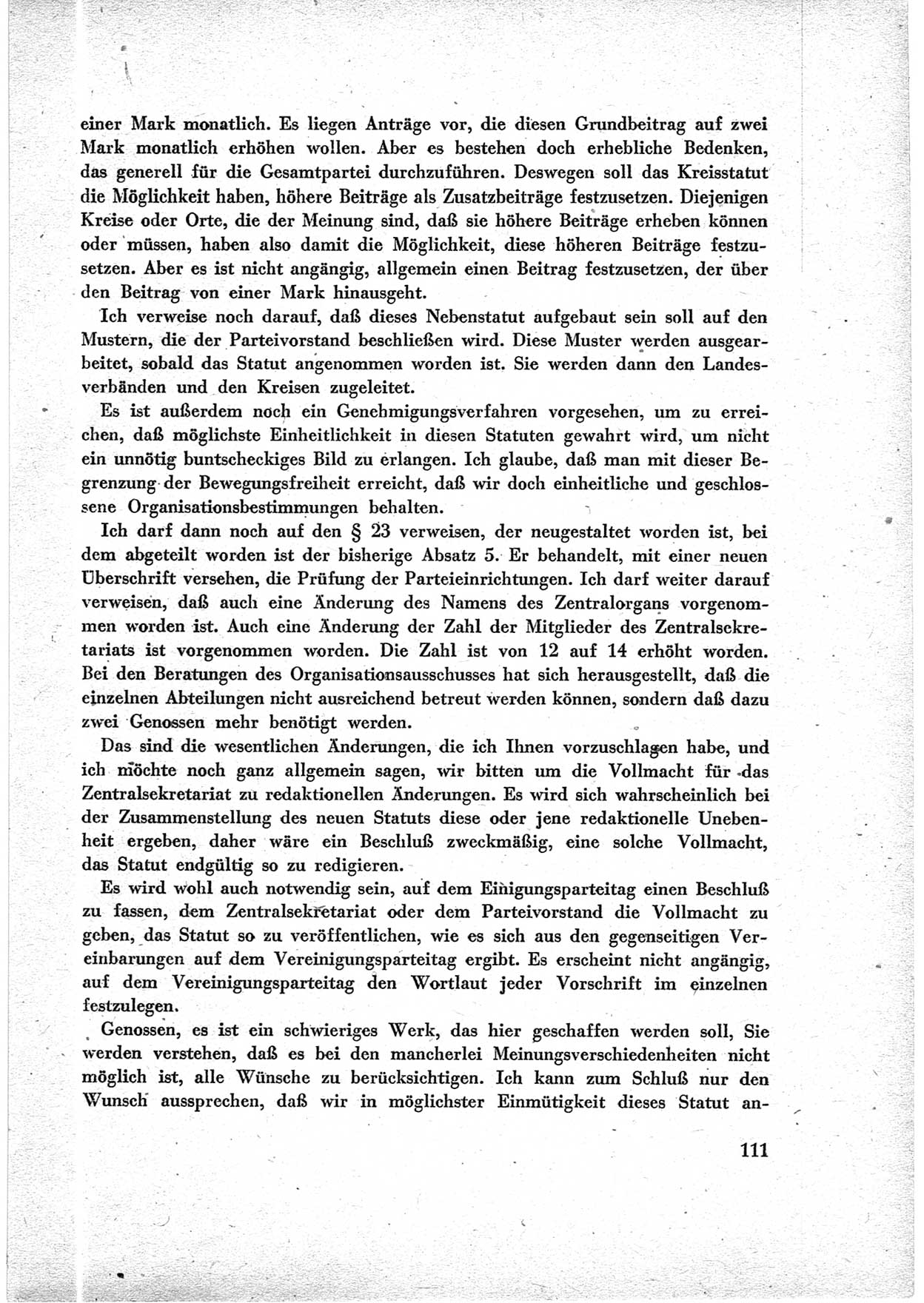 40. Parteitag der Sozialdemokratischen Partei Deutschlands (SPD) [Sowjetische Besatzungszone (SBZ) Deutschlands] am 19. und 20. April 1946 in Berlin, Seite 111 (40. PT SPD SBZ Dtl. 1946, S. 111)