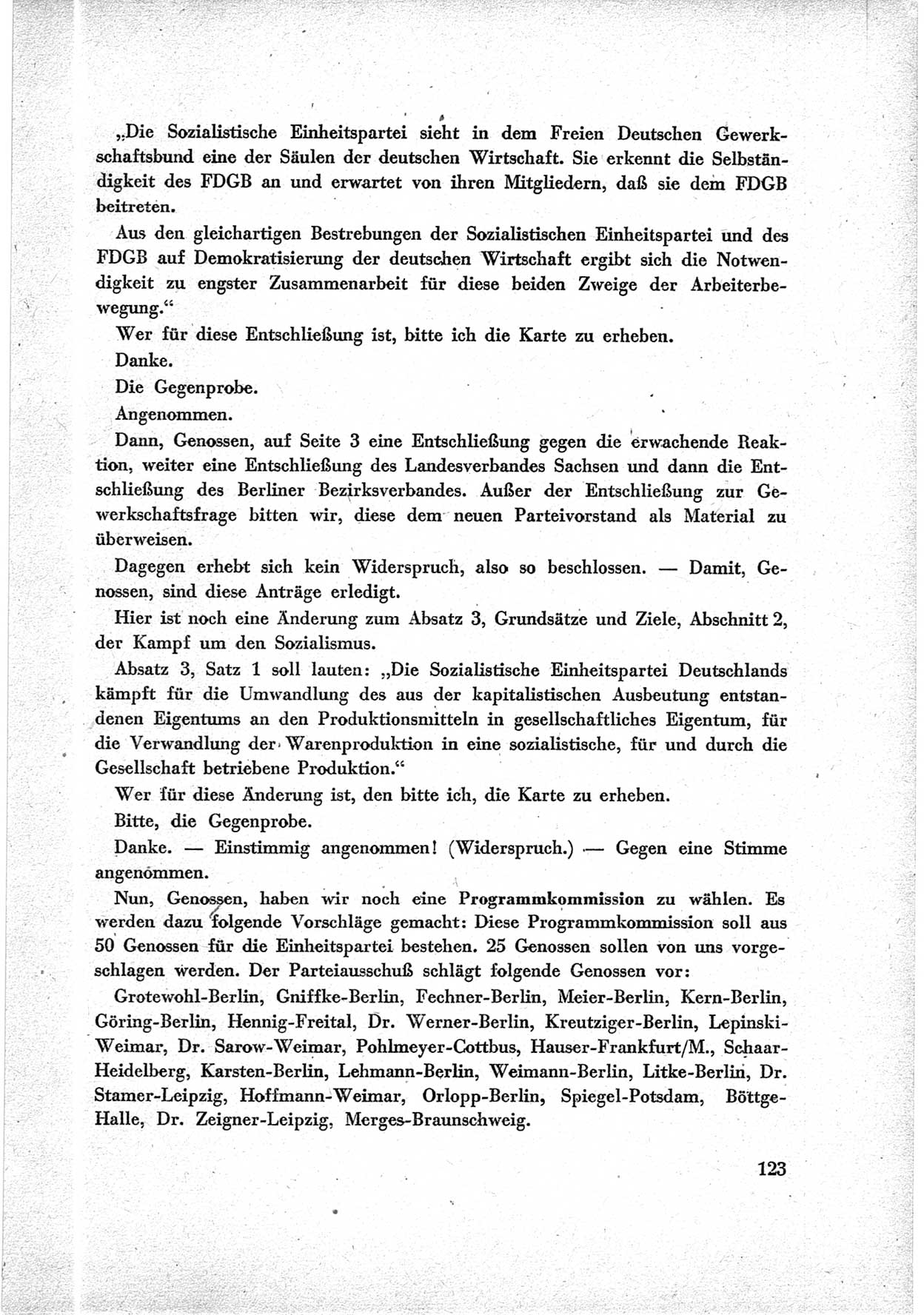 40. Parteitag der Sozialdemokratischen Partei Deutschlands (SPD) [Sowjetische Besatzungszone (SBZ) Deutschlands] am 19. und 20. April 1946 in Berlin, Seite 123 (40. PT SPD SBZ Dtl. 1946, S. 123)