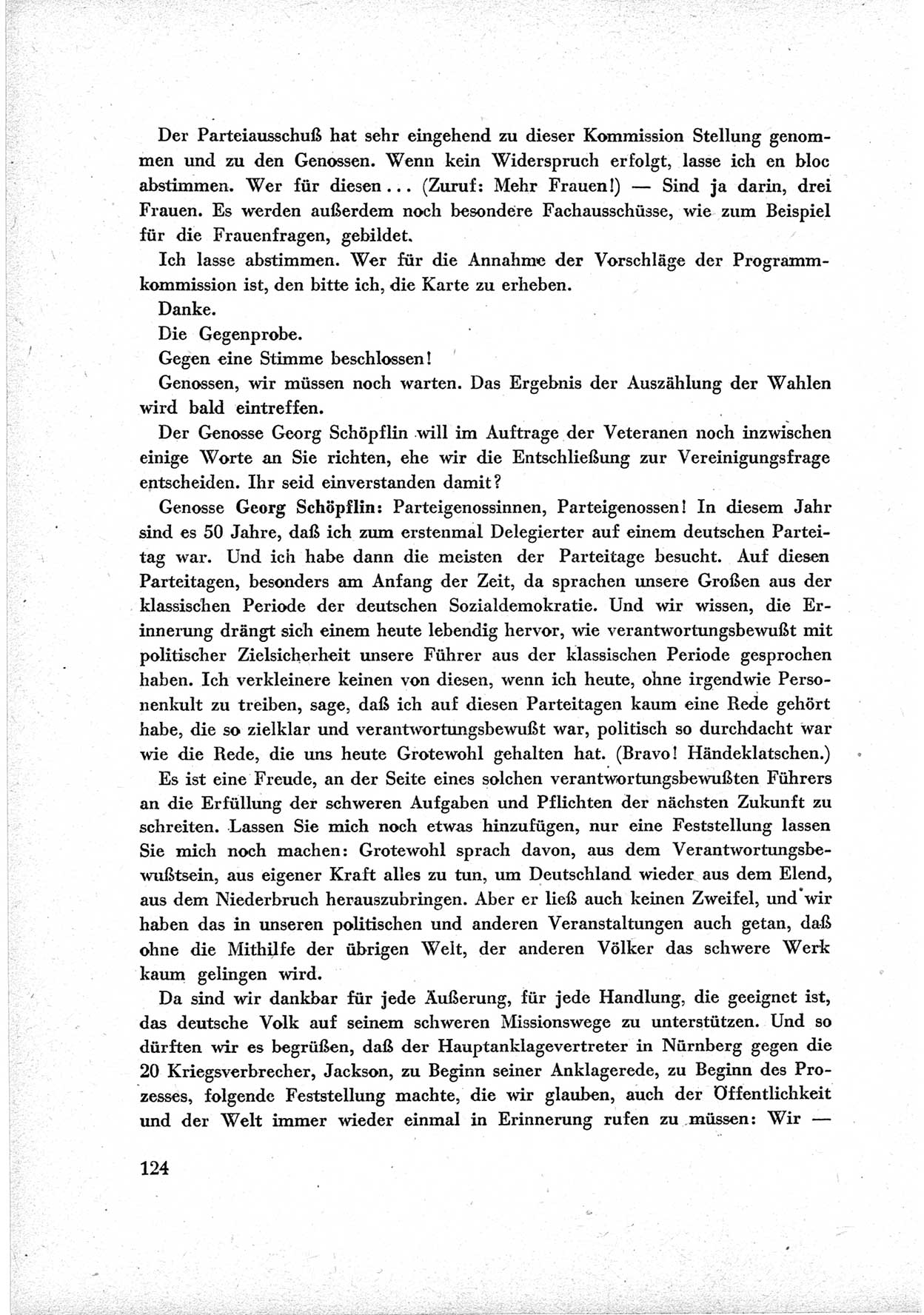 40. Parteitag der Sozialdemokratischen Partei Deutschlands (SPD) [Sowjetische Besatzungszone (SBZ) Deutschlands] am 19. und 20. April 1946 in Berlin, Seite 124 (40. PT SPD SBZ Dtl. 1946, S. 124)