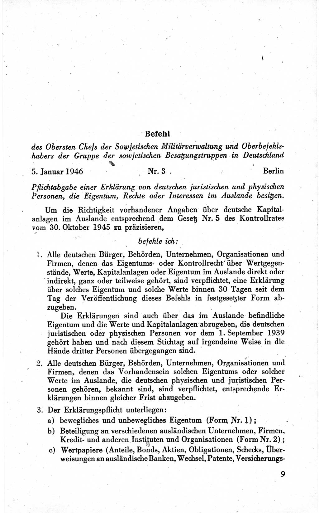 Befehle des Obersten Chefs der Sowjetischen Miltärverwaltung (SMV) in Deutschland - Aus dem Stab der Sowjetischen Militärverwaltung in Deutschland 1946 (Bef. SMV Dtl. 1946, S. 9)