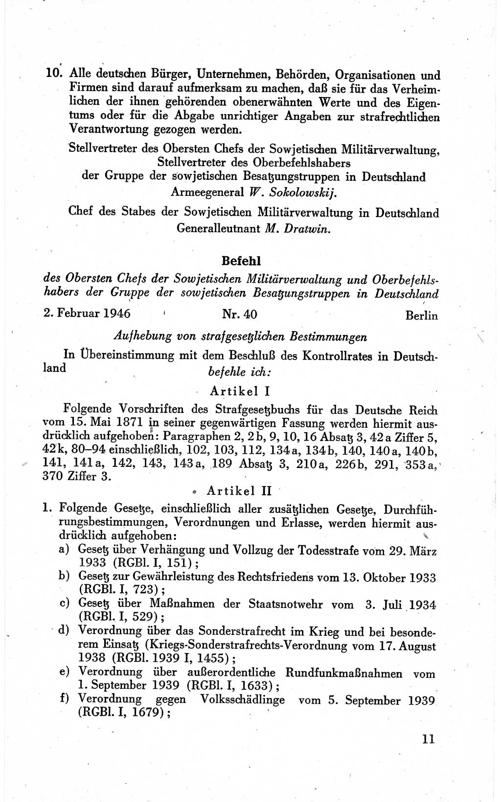 Befehle des Obersten Chefs der Sowjetischen Miltärverwaltung (SMV) in Deutschland - Aus dem Stab der Sowjetischen Militärverwaltung in Deutschland 1946 (Bef. SMV Dtl. 1946, S. 11)