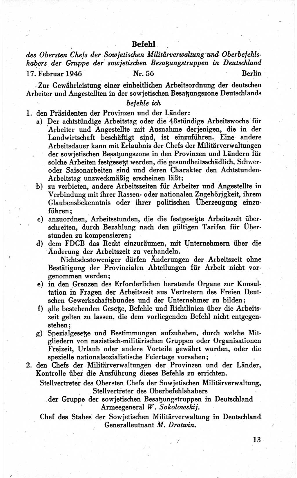 Befehle des Obersten Chefs der Sowjetischen Miltärverwaltung (SMV) in Deutschland - Aus dem Stab der Sowjetischen Militärverwaltung in Deutschland 1946 (Bef. SMV Dtl. 1946, S. 13)