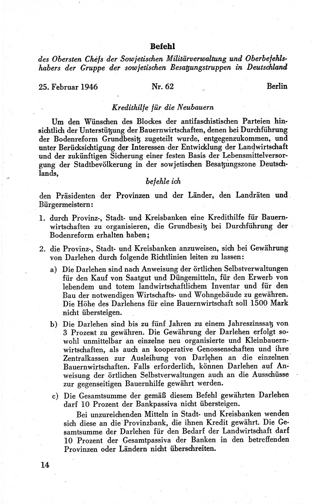 Befehle des Obersten Chefs der Sowjetischen Miltärverwaltung (SMV) in Deutschland - Aus dem Stab der Sowjetischen Militärverwaltung in Deutschland 1946 (Bef. SMV Dtl. 1946, S. 14)