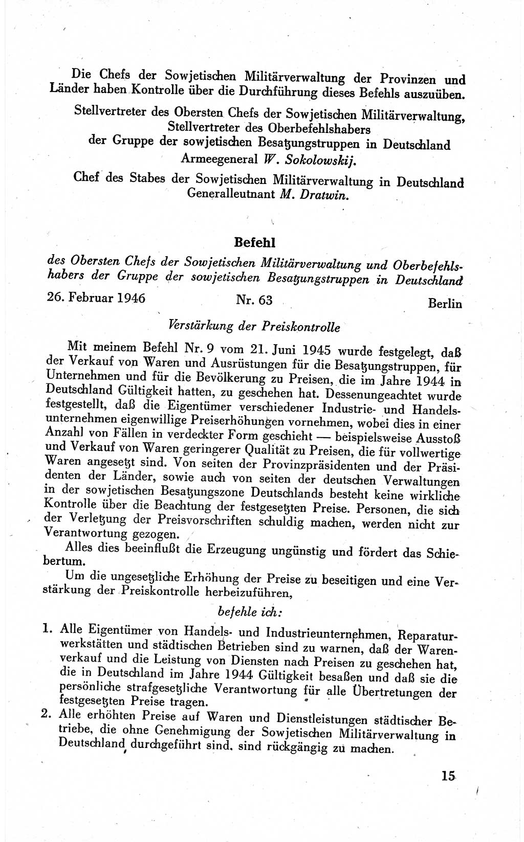 Befehle des Obersten Chefs der Sowjetischen Miltärverwaltung (SMV) in Deutschland - Aus dem Stab der Sowjetischen Militärverwaltung in Deutschland 1946 (Bef. SMV Dtl. 1946, S. 15)