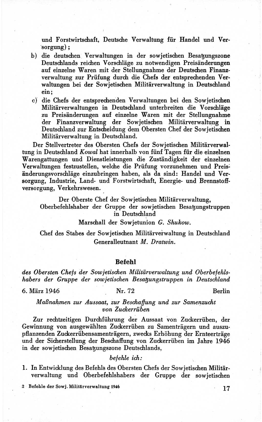 Befehle des Obersten Chefs der Sowjetischen Miltärverwaltung (SMV) in Deutschland - Aus dem Stab der Sowjetischen Militärverwaltung in Deutschland 1946 (Bef. SMV Dtl. 1946, S. 17)