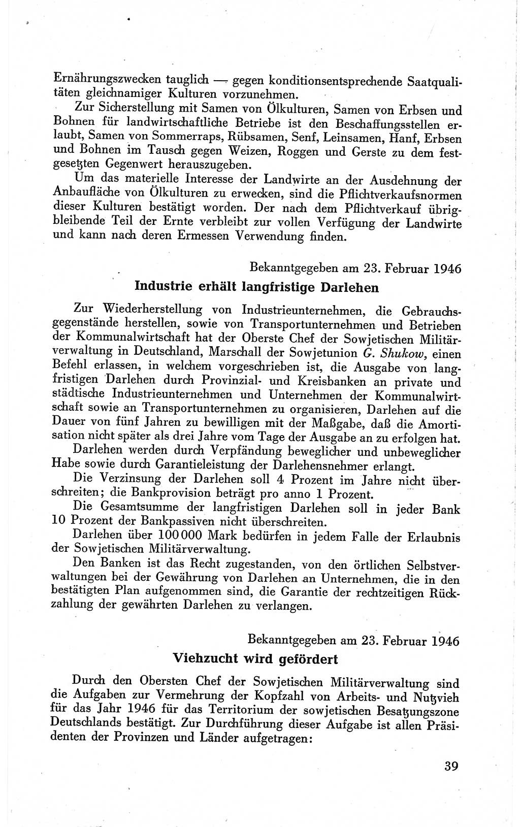 Befehle des Obersten Chefs der Sowjetischen Miltärverwaltung (SMV) in Deutschland - Aus dem Stab der Sowjetischen Militärverwaltung in Deutschland 1946 (Bef. SMV Dtl. 1946, S. 39)