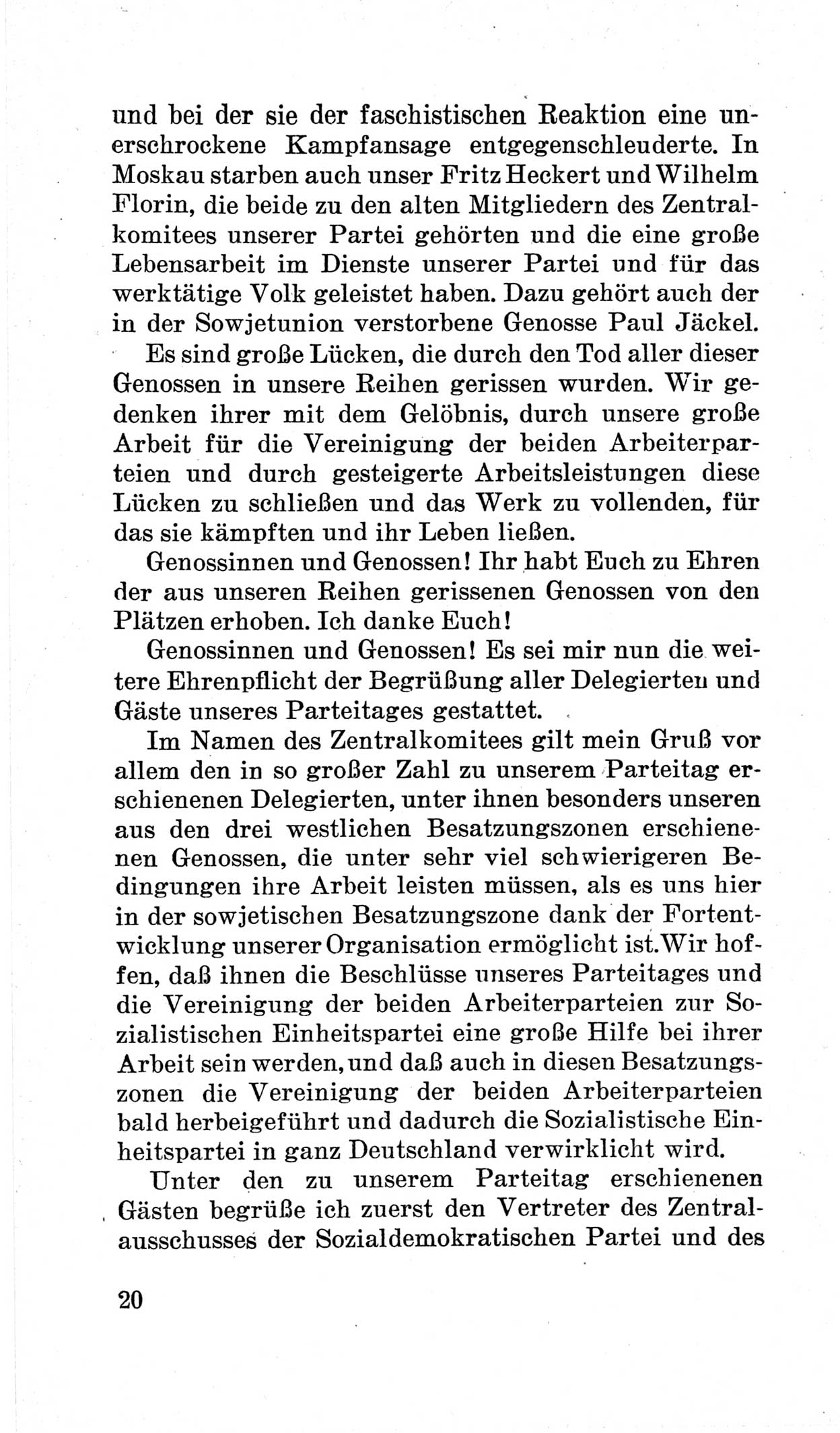 Bericht über die Verhandlungen des 15. Parteitages der Kommunistischen Partei Deutschlands (KPD) [Sowjetische Besatzungszone (SBZ) Deutschlands] am 19. und 20. April 1946 in Berlin, Seite 20 (Ber. Verh. 15. PT KPD SBZ Dtl. 1946, S. 20)