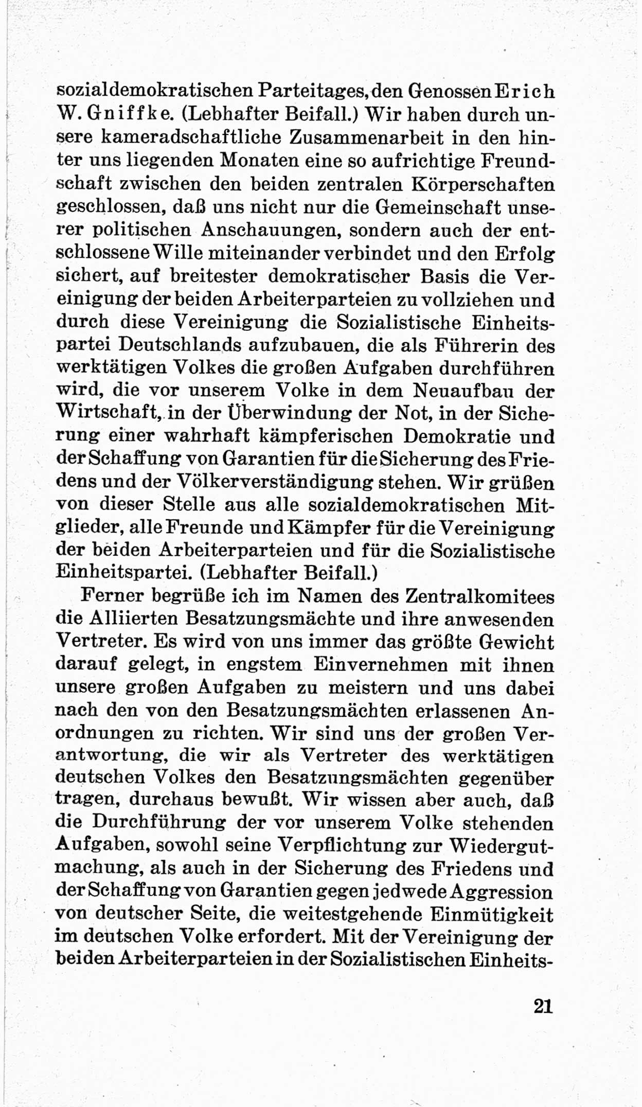 Bericht über die Verhandlungen des 15. Parteitages der Kommunistischen Partei Deutschlands (KPD) [Sowjetische Besatzungszone (SBZ) Deutschlands] am 19. und 20. April 1946 in Berlin, Seite 21 (Ber. Verh. 15. PT KPD SBZ Dtl. 1946, S. 21)