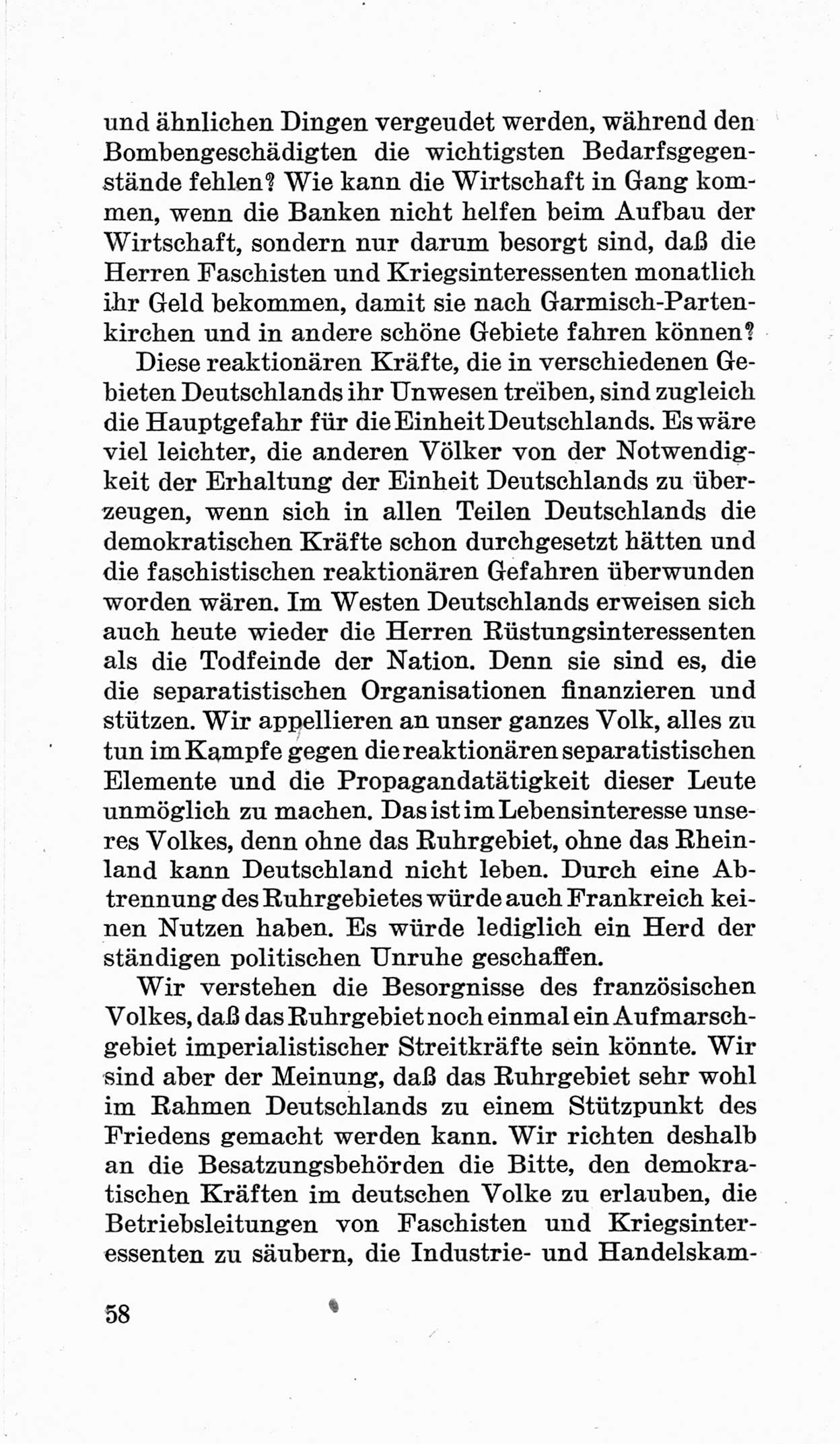 Bericht über die Verhandlungen des 15. Parteitages der Kommunistischen Partei Deutschlands (KPD) [Sowjetische Besatzungszone (SBZ) Deutschlands] am 19. und 20. April 1946 in Berlin, Seite 58 (Ber. Verh. 15. PT KPD SBZ Dtl. 1946, S. 58)