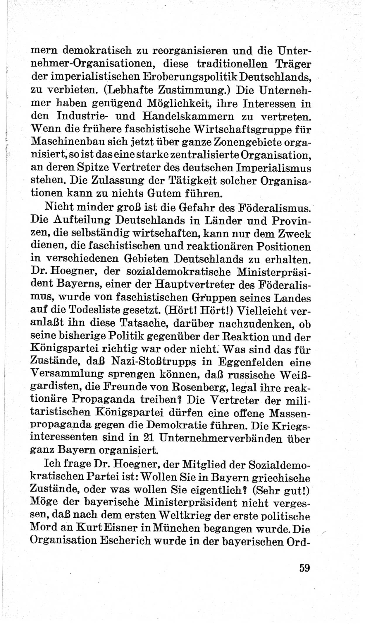 Bericht über die Verhandlungen des 15. Parteitages der Kommunistischen Partei Deutschlands (KPD) [Sowjetische Besatzungszone (SBZ) Deutschlands] am 19. und 20. April 1946 in Berlin, Seite 59 (Ber. Verh. 15. PT KPD SBZ Dtl. 1946, S. 59)