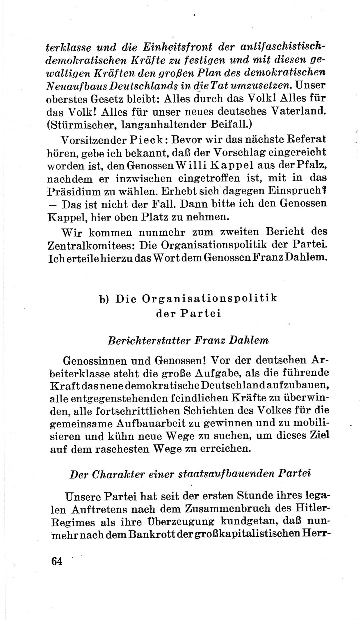 Bericht über die Verhandlungen des 15. Parteitages der Kommunistischen Partei Deutschlands (KPD) [Sowjetische Besatzungszone (SBZ) Deutschlands] am 19. und 20. April 1946 in Berlin, Seite 64 (Ber. Verh. 15. PT KPD SBZ Dtl. 1946, S. 64)