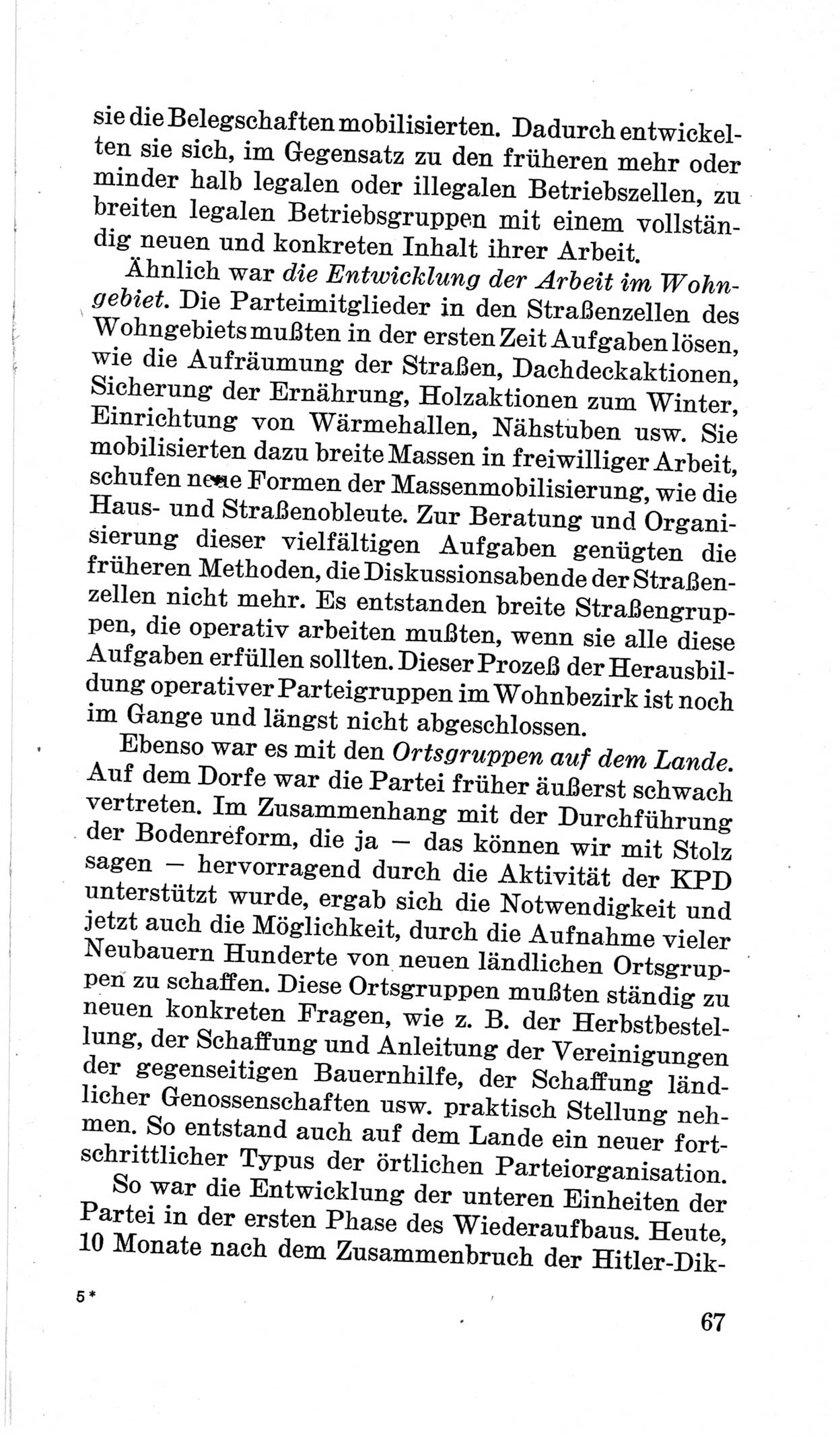 Bericht über die Verhandlungen des 15. Parteitages der Kommunistischen Partei Deutschlands (KPD) [Sowjetische Besatzungszone (SBZ) Deutschlands] am 19. und 20. April 1946 in Berlin, Seite 67 (Ber. Verh. 15. PT KPD SBZ Dtl. 1946, S. 67)