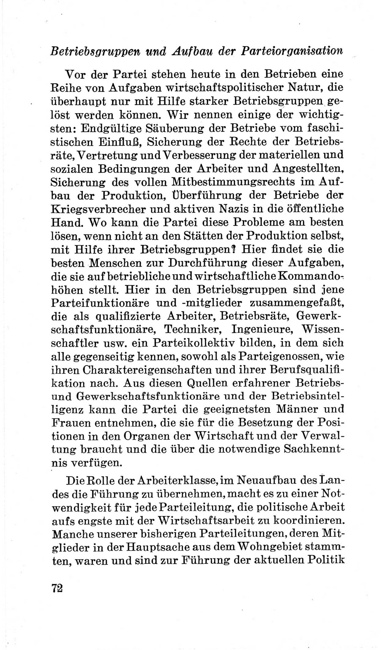 Bericht über die Verhandlungen des 15. Parteitages der Kommunistischen Partei Deutschlands (KPD) [Sowjetische Besatzungszone (SBZ) Deutschlands] am 19. und 20. April 1946 in Berlin, Seite 72 (Ber. Verh. 15. PT KPD SBZ Dtl. 1946, S. 72)