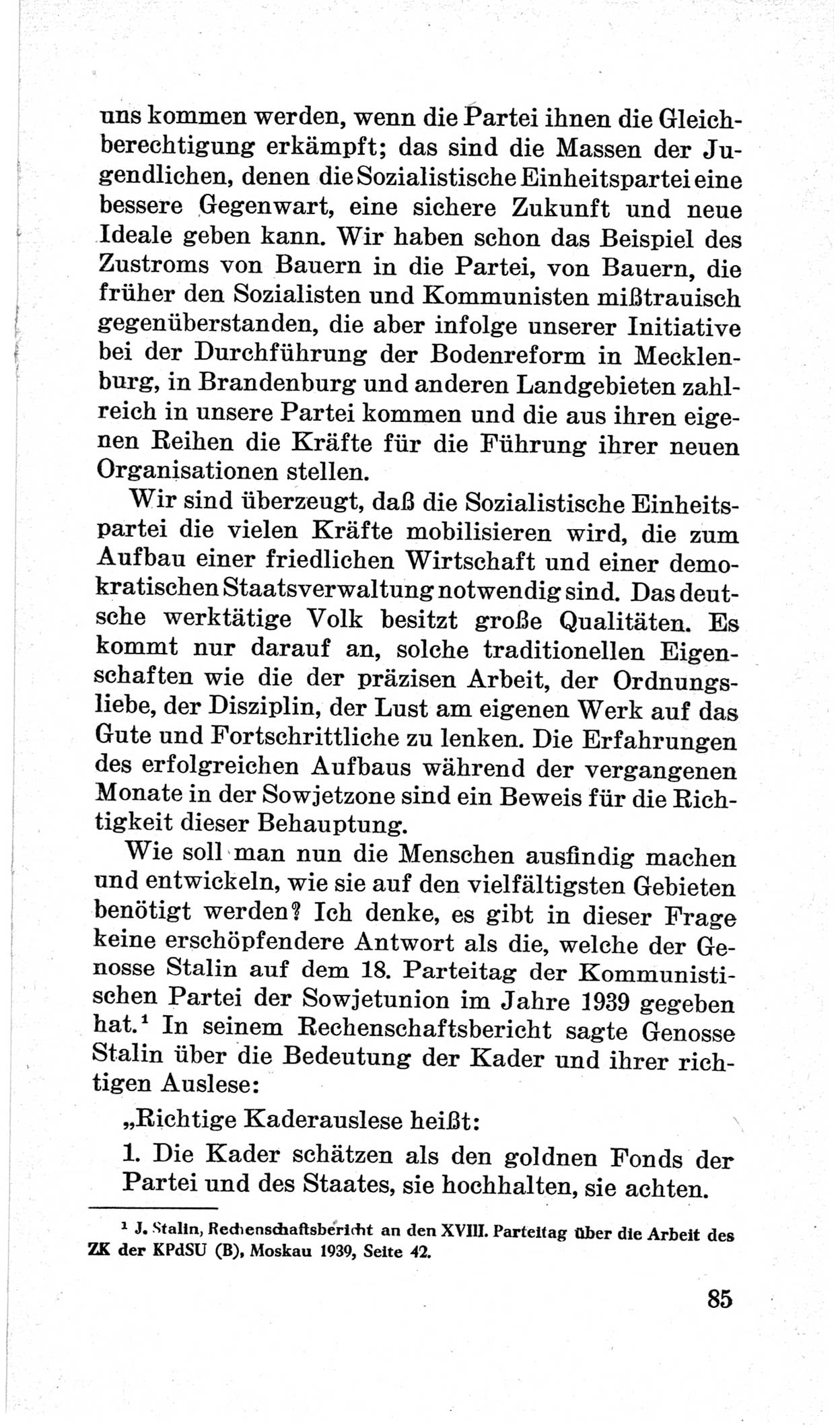 Bericht über die Verhandlungen des 15. Parteitages der Kommunistischen Partei Deutschlands (KPD) [Sowjetische Besatzungszone (SBZ) Deutschlands] am 19. und 20. April 1946 in Berlin, Seite 85 (Ber. Verh. 15. PT KPD SBZ Dtl. 1946, S. 85)