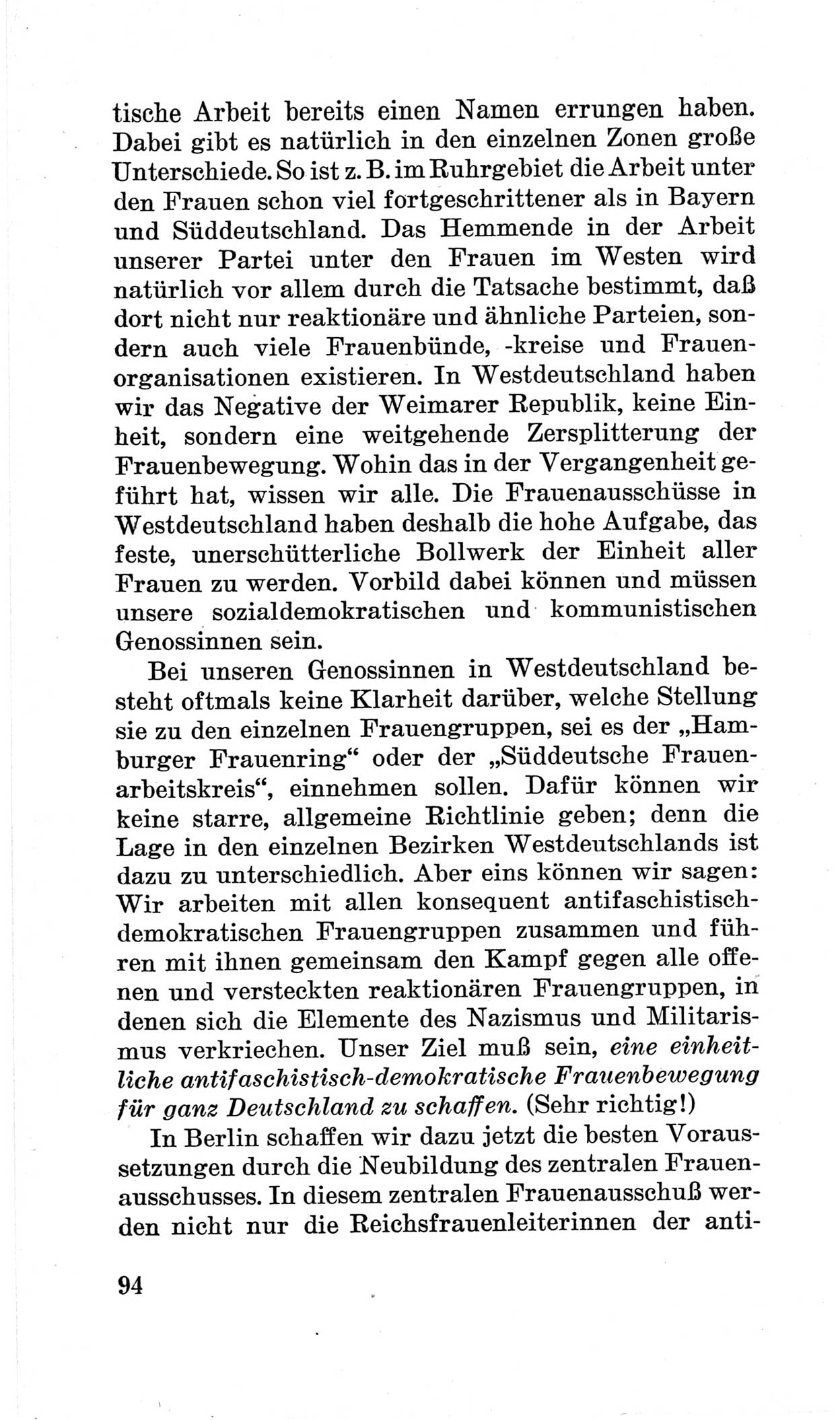 Bericht über die Verhandlungen des 15. Parteitages der Kommunistischen Partei Deutschlands (KPD) [Sowjetische Besatzungszone (SBZ) Deutschlands] am 19. und 20. April 1946 in Berlin, Seite 94 (Ber. Verh. 15. PT KPD SBZ Dtl. 1946, S. 94)